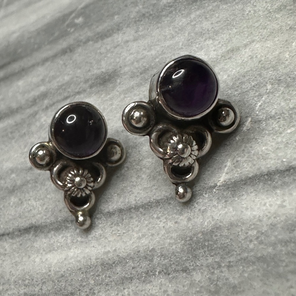 Vintage 925 Sterling Silver Amethyst Bali Ornate Floral Stud Earrings‎ 2.66g